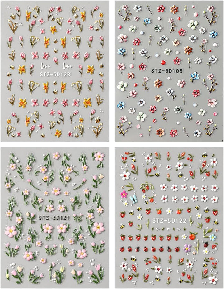 JMEOWIO 3D Nagelsticker Blumen Frucht Nail Art Sticker Selbstklebend Nagelaufkleber 5D Stereoskopisch Dekoration Nageldesign Zubehör 4 Blatt