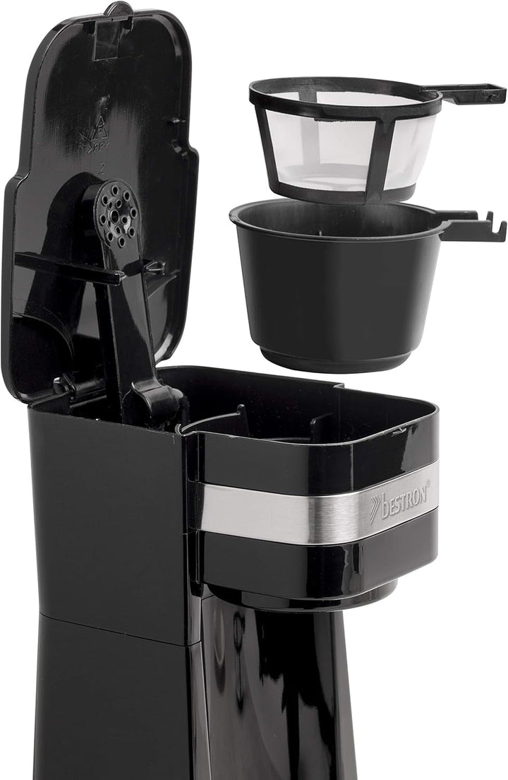 Espressor Bestron cu cană izolată, espressor de camping pentru cafea măcinată la filtru, espressor mic pentru 2 cești mari, 750 wați, culoare: negru/argintiu