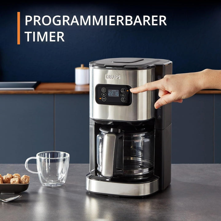 Cafetieră cu filtru programabil Krups KM480D Excellence din oțel inoxidabil, cronometru de 24 de ore, cap de apă pentru selectarea puterii de preparare, mod de preinfuzie, sistem anti-picurare, capacitate 1,25 litri, 15 cești