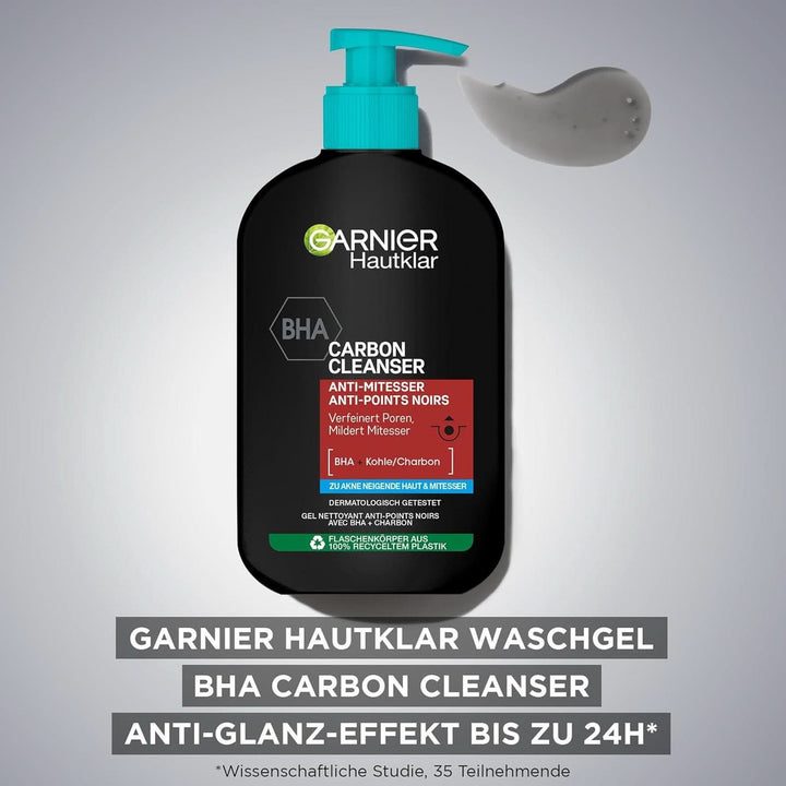 Garnier, Cleanser cu cărbune, gel de curățare facială împotriva punctelor negre și a coșurilor, 250 ml