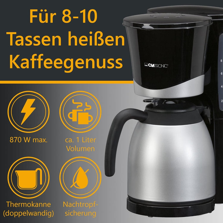 Cafetieră Clatronic® cu termos | Pentru 8-10 cești de cafea | Fără pierderi de temperatură | Cafetieră cu filtru | 1 litru | Mașină de cafea | Cafetieră cu filtru cu termos | KA 3327 negru
