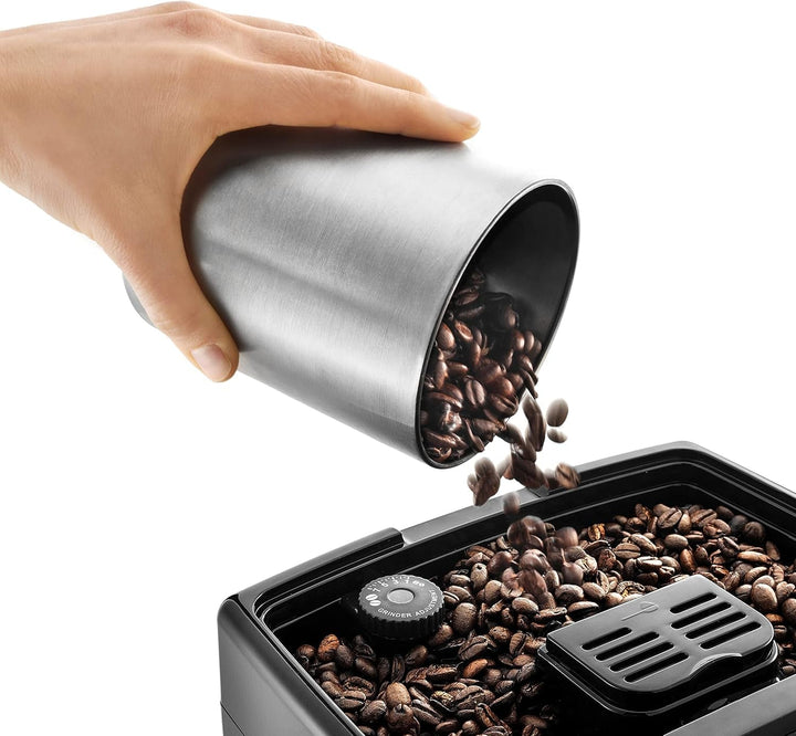 De'Longhi Dinamica ECAM 350.35.SB mașină de cafea complet automată cu spumă de lapte profesională pentru cappuccino, espresso, cafea și cafea lungă Butoane de selecție directă, afișaj digital cu text simplu, funcție pentru 2 cești, argintiu