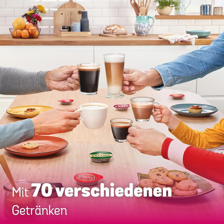 Espressor cu capsule Bosch Tassimo Happy Friendly TAS102E, Peste 70 de băuturi, Potrivit pentru toate tipurile de căni, Oprire automată, Sustenabil, Dozare perfectă, Economie de spațiu, 1400 W, Negru