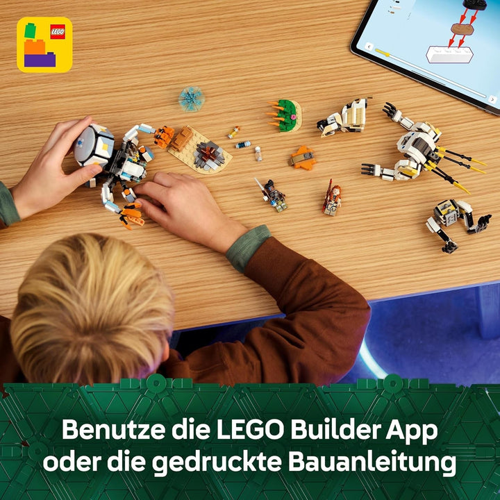 LEGO Horizon Adventures Aloy și Varl vs. Armoured Walker și Sawtooth, jucărie cu mașini monstru și minifigurine, set de colecție pentru fanii jocurilor video, băieți și fete de peste 9 ani 77037