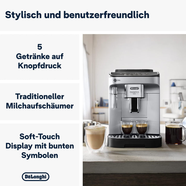De'Longhi Magnifica Evo ECAM 292.33.SB Aparat de cafea complet automat cu spumă de lapte, 5 butoane de selecție directă pentru espresso, cafea și cafele speciale, panou de control intuitiv, funcție pentru 2 cești, argintiu/negru