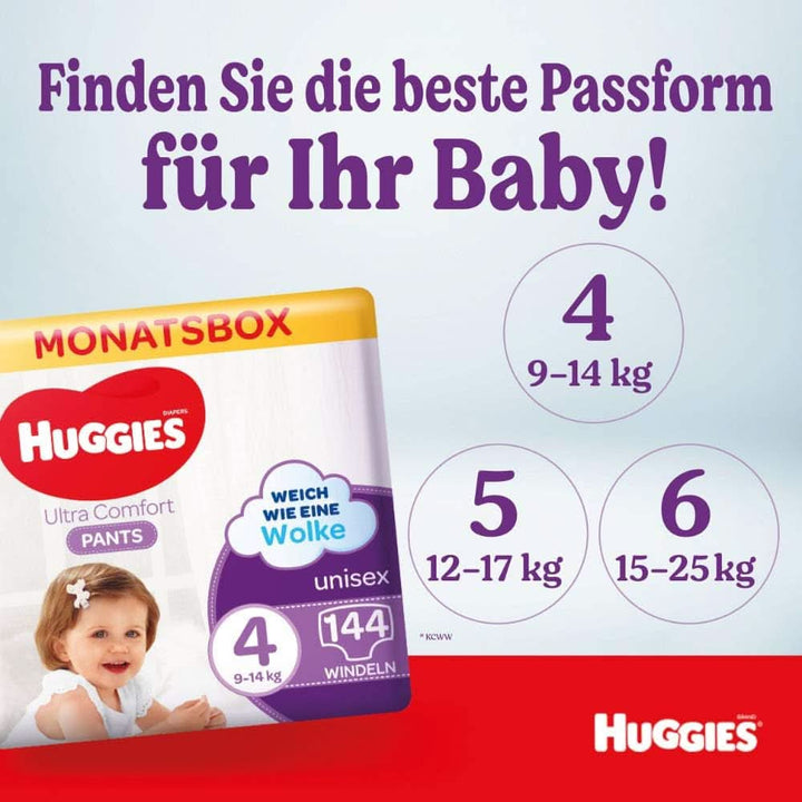 Huggies Ultra Comfort Pants mărimea 4, 9 - 14 kg, Pentru copii activi, Cu indicator de umezeală și tehnologie cloud waistband, 144 scutece