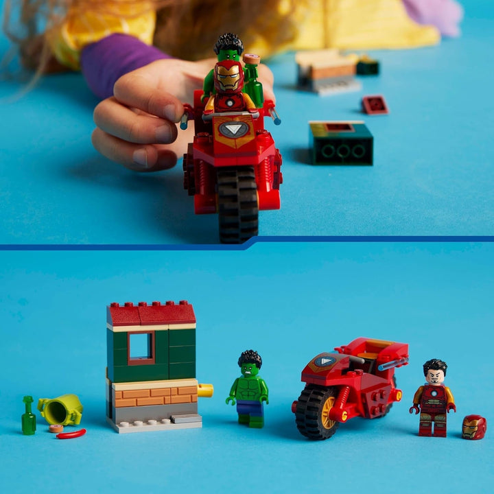 LEGO Marvel Iron Man cu bicicletă și Hulk, jucărie de construit supereroi pentru copii, set de colecționat cu bicicletă și minifigurine, cadou pentru fete și băieți de la 4 ani 76287