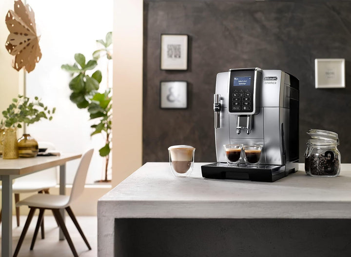 De'Longhi Dinamica ECAM 350.35.SB mașină de cafea complet automată cu spumă de lapte profesională pentru cappuccino, espresso, cafea și cafea lungă Butoane de selecție directă, afișaj digital cu text simplu, funcție pentru 2 cești, argintiu