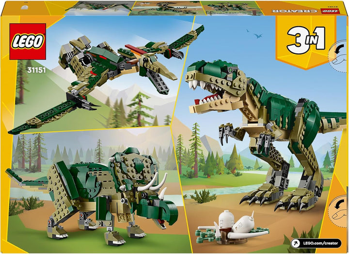 LEGO Creator T.Rex, Dino 3-in-1 pentru transformare în Triceratops sau Pterodactil, model de dinozaur mobil pentru copii, cadou pentru băieți și fete 31151