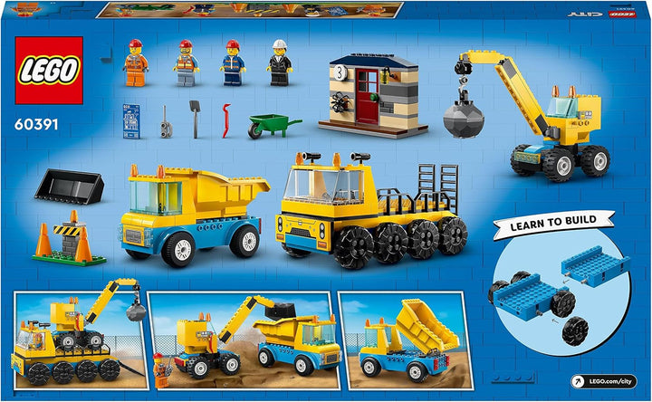 LEGO 60391 Vehicule de construcții urbane și macara cu minge de distrugere, jucărie cu excavator, autobasculantă și vehicule de transport, jucărie educativă pentru copii de 4 ani și peste