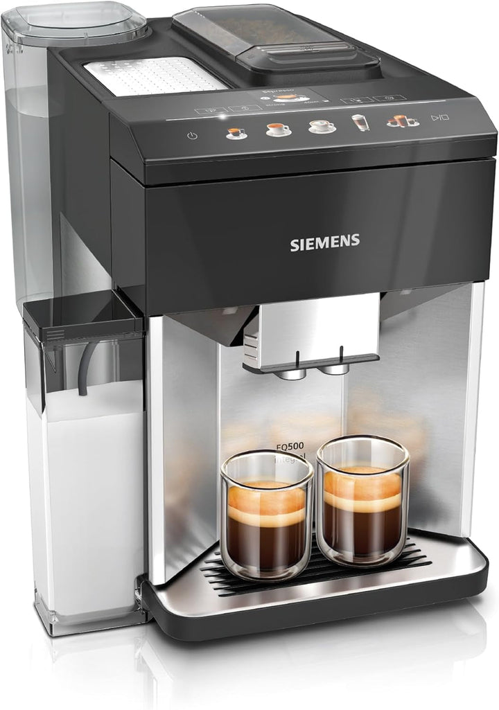 Aparat de cafea complet automat Siemens EQ500 Integral TQ513D01, Multe specialități de cafea, Spumă de lapte, Recipient de lapte integrat, Curățare automată cu abur, 1500 W, Argintiu / negru lăcuit pian