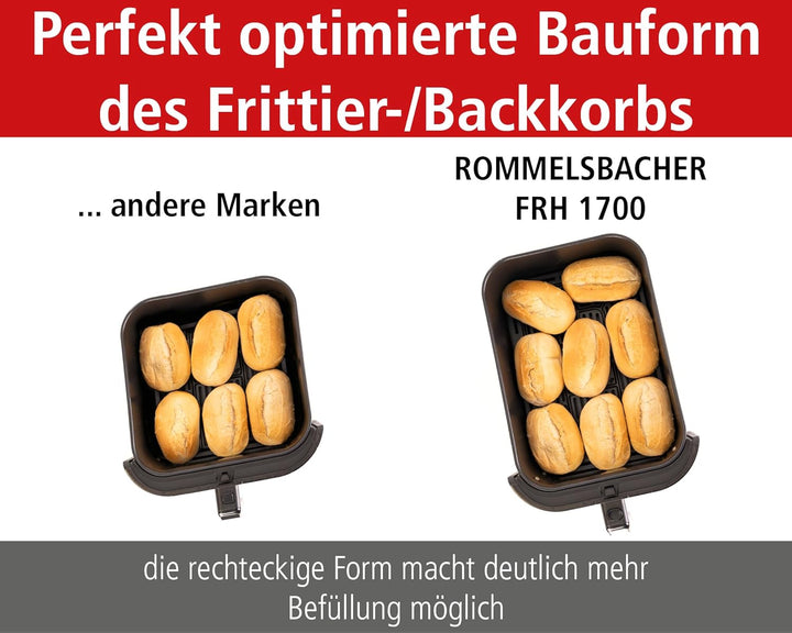 ROMMELSBACHER Heißluftfritteuse FRH 1700, Xxl-Backraum 8 Liter (Ca. 21 X 30 Cm) Für 1.000 G Pommes, Sehr Leiser Betrieb 45 Db(A), 10 Programme, 60-200 °C, Großes Sichtfenster Mit Innenraumbeleuchtung