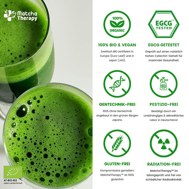 Matchatherapy 30+ | Ceai Matcha organic pudră | 60 g | Cu un conținut verificat de cel puțin 30 mg/g de catechină EGCG | Susține sistemul imunitar și nivelul de energie | Calitate ceremonială | Ceai verde din Japonia