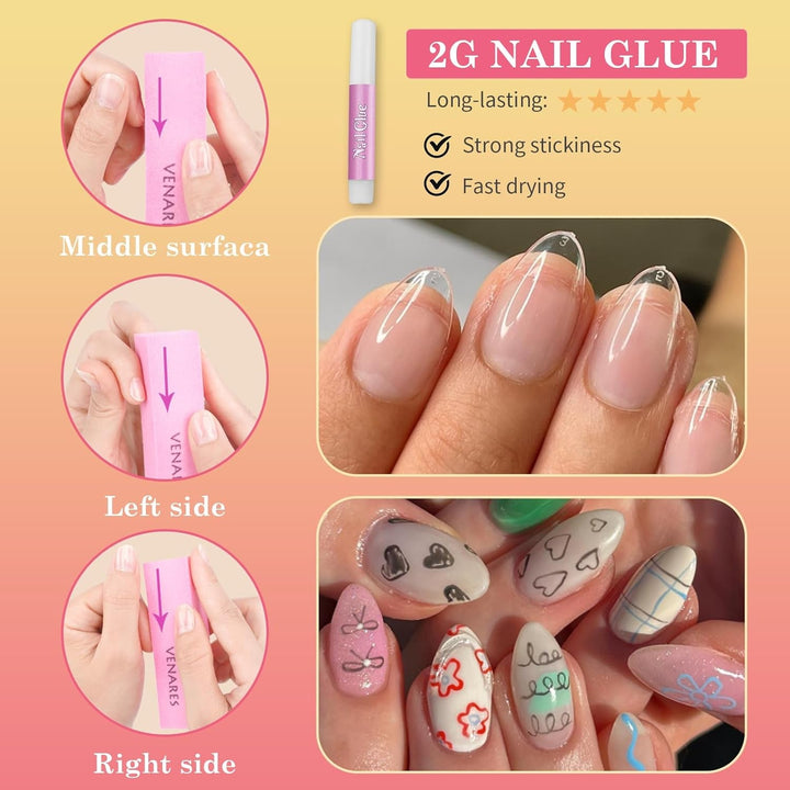 Tipuri de unghii pentru unghii cu gel, set 120 bucăți unghii artificiale scurte, culoare migdale, 11 dimensiuni unghii cu gel, tipuri de unghii cu lipici, bloc de buffer pentru unghii
