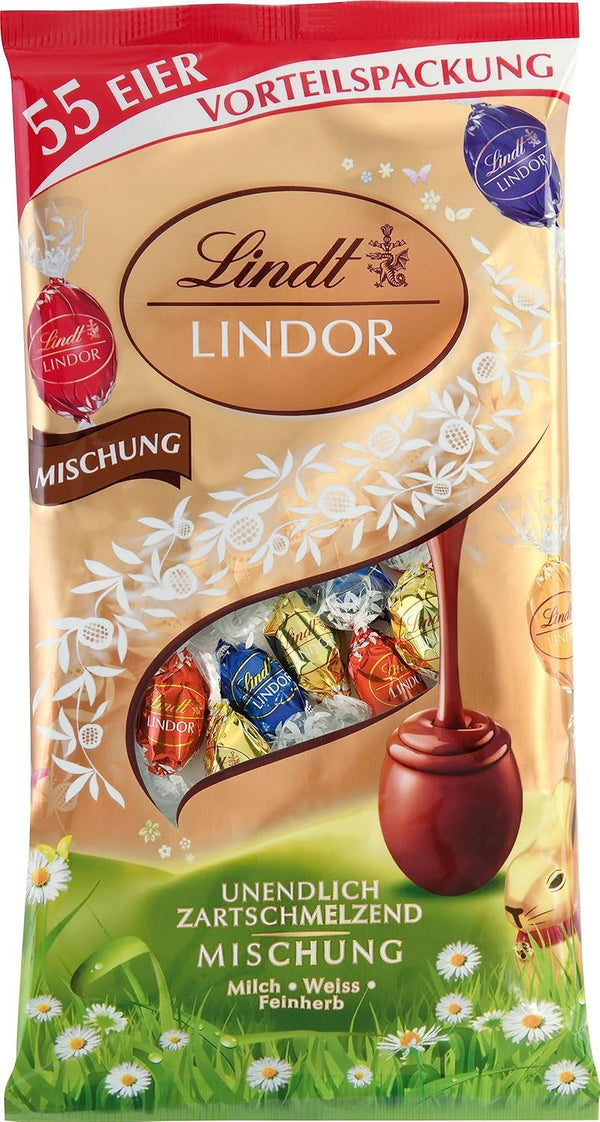 Lindt Schokolade LINDOR Eier Mix | 254 G | 55 X LINDOR Eier Mit Zartschmelzender Füllung in Den Sorten Milch, Weiß Und 45% Feinherb | Oster Schokolade | Schokoladengeschenk | Ostereier | Schokoeier