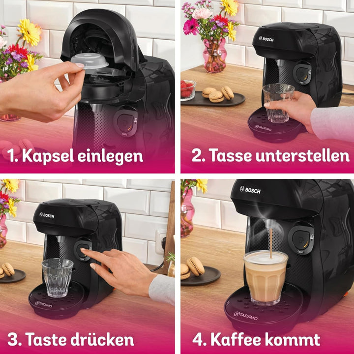 Espressor cu capsule Bosch Tassimo Happy Friendly TAS102EA, Peste 70 de băuturi, Potrivit pentru toate tipurile de cești, Oprire automată, Sustenabil, Include tablete de detartrare, Economie de spațiu, 1400 W, Negru