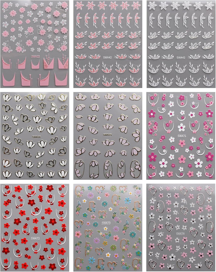 JMEOWIO Nagelsticker Blume 9 Blatt Nail Art Sticker Selbstklebend Nagelaufkleber Frühling Sommer Floral Dekoration Nageldesign Zubehör