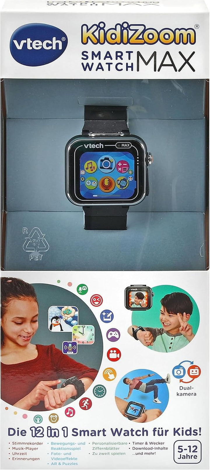 Vtech KidiZoom Smart Watch MAX în negru - ceas pentru copii cu cameră dublă pentru fotografii și videoclipuri, numeroase jocuri, funcții variate și multe altele - Pentru copii de la 5-12 ani