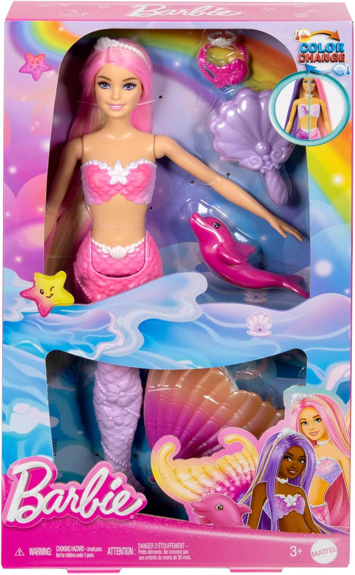 Păpușă sirenă BARBIE - inspirată din serialul TV "Barbie A Hidden Magic", cu efect de schimbare a culorilor și accesorii, păr roz lung de 19 cm pentru styling, pentru copii de la 3 ani, HRP97