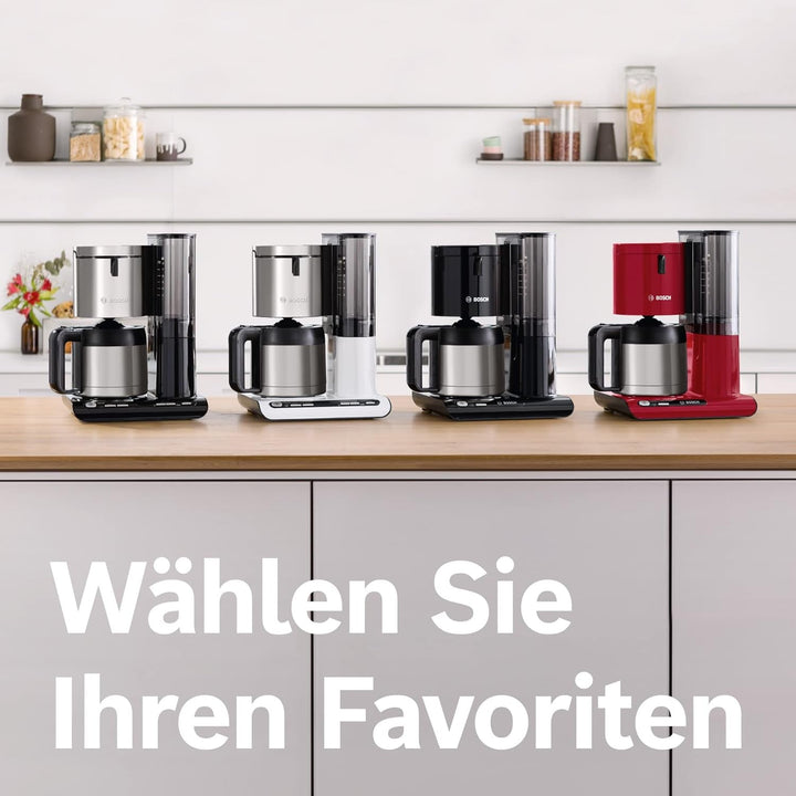 Cafetiera cu filtru Bosch Styline TKA8A054, Termos din oțel inoxidabil de 1,1 litri, Pentru 8-12 cești, Rezervor de apă detașabil, Stop picurare, Suport filtru pivotant, Compartiment de depozitare cablu, 1100 W, Roșu