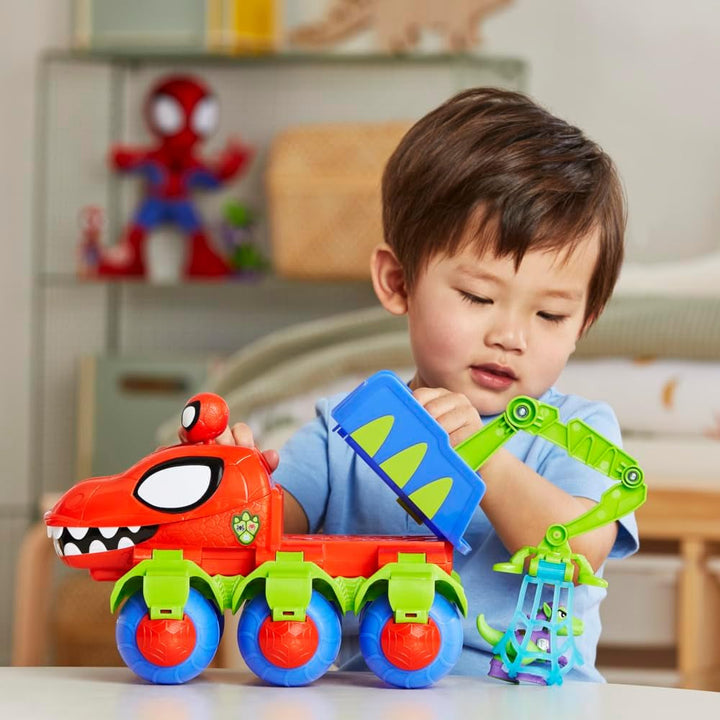 Marvel Spidey And His Super Friends Dino Crawler Superhero Playset, cu Spidey și Dino Figure și jucărie de transport, pentru copii cu vârsta de 3 ani și peste