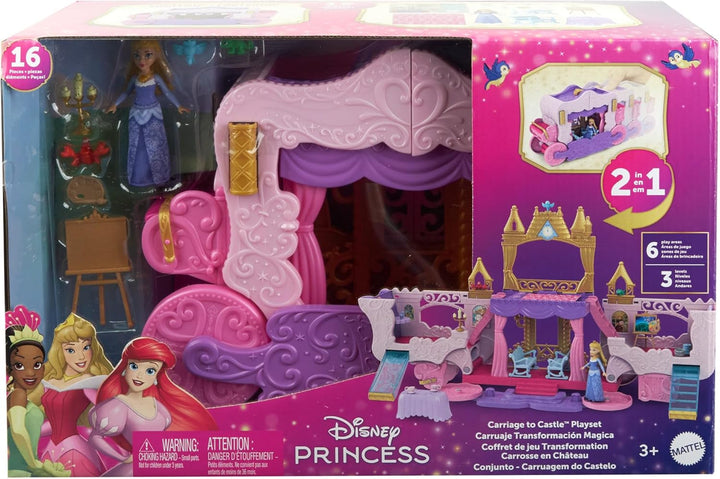 Mattel Disney Princess Transforming Playset Carriage to Castle With Little Aurora Doll, 3 nivele, 6 zone de joc, 4 figuri, mobilier și accesorii HWX17