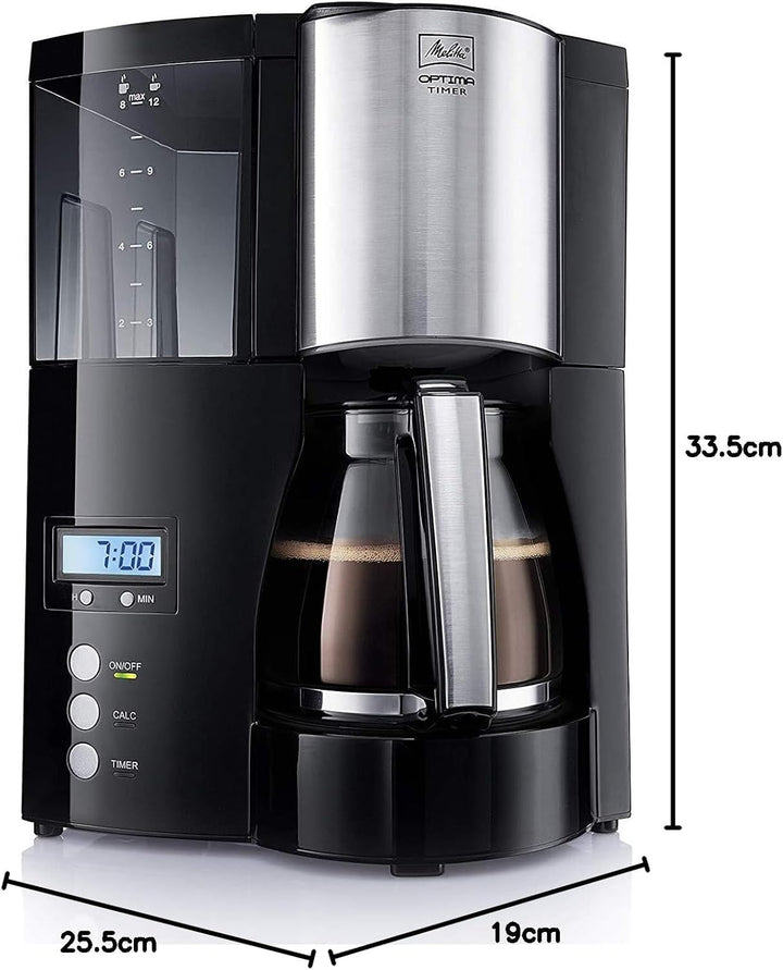 Melitta Optima Timer - Cafetieră cu temporizator, Cafetieră cu filtru, cu cană de sticlă și rezervor de apă detașabil, Pentru până la 8 cești de cafea, Negru