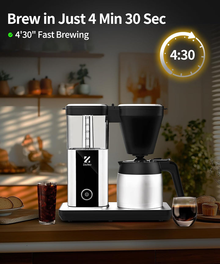 Cafetieră cu filtru Cu termos de 1,25L, preparare rapidă 4,5 min., control al temperaturii 92°C Pid, oprire picurare 30S, filtru reutilizabil, curățare automată, fără Bpa, design din oțel inoxidabil