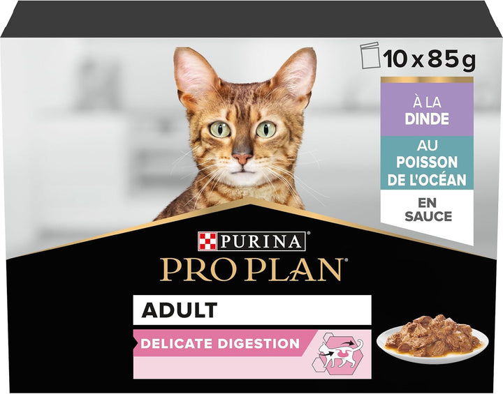Purina Pro Plan Hrană umedă pentru pisici, pentru adulți, delicat bogată în curcan și pește, 4 pachete a 10 pungi a 85 g