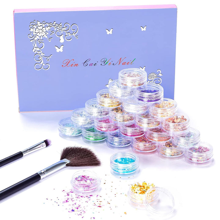 24 Farben Glitzer Set Mit Blattgold Und Glitzerpulver, Nageldesign Zubehör Pailletten Basteln Nail Art Glitter Mit Pinsel Für Nägel Gesicht Körper DIY Nagelkunst Make Up
