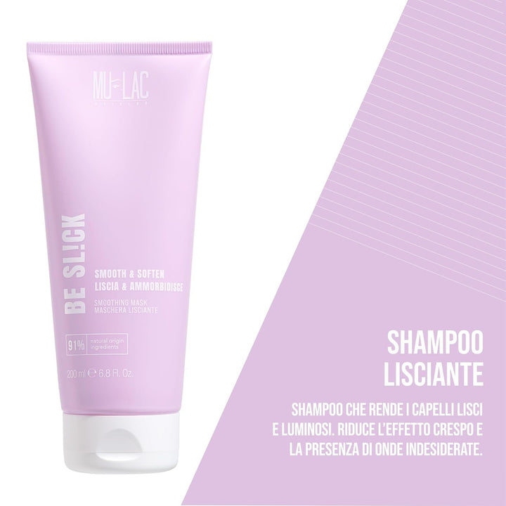 | BE SL!CK Șampon pentru netezire și înmuiere cu efect anti-frizz, cu semințe de in, 250 ml