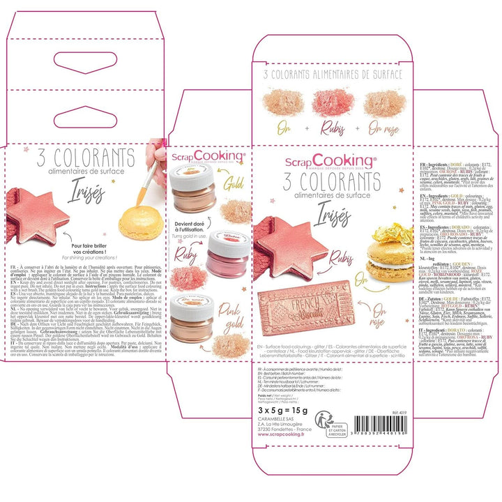 ScrapCooking, Set 3 coloranti alimentari, Auriu, Roz-Auriu si Ruby, nuante metalice, 3 x 5 grame