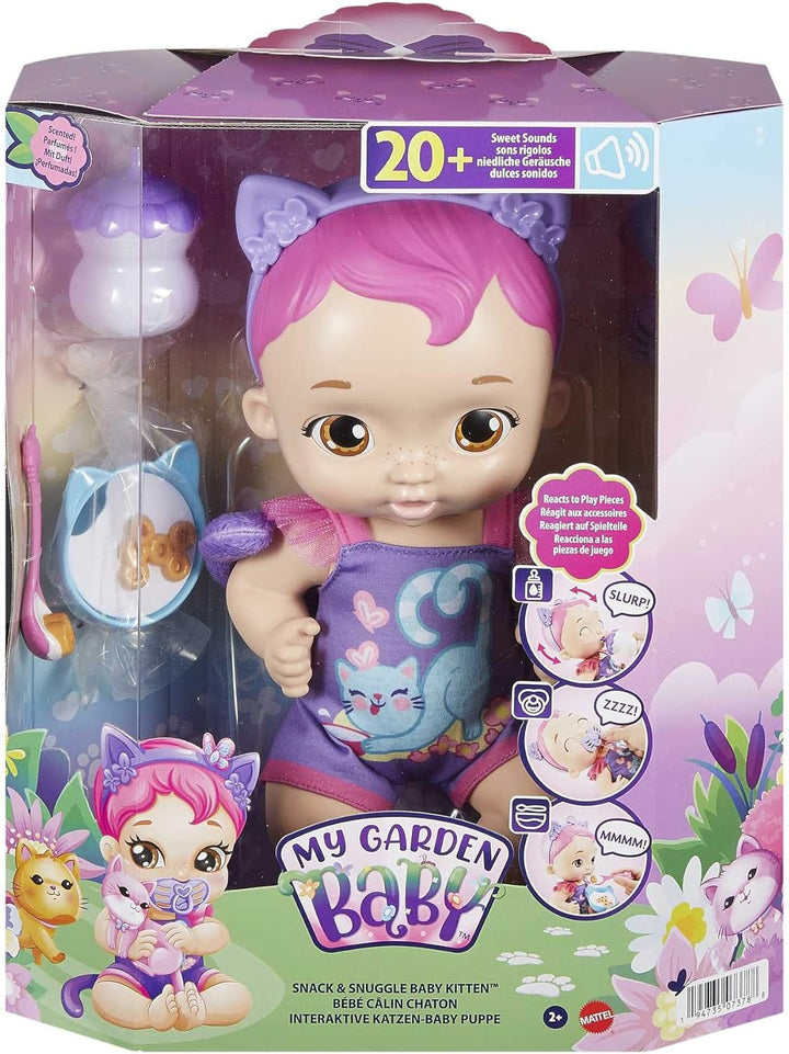 My Garden Baby HHP28 - Păpușă pisică (păr albastru) cu urechi de pisică și mai mult de 20 de zgomote, incl. 5 accesorii, jucărie interactivă pentru copii de la 3 ani în sus