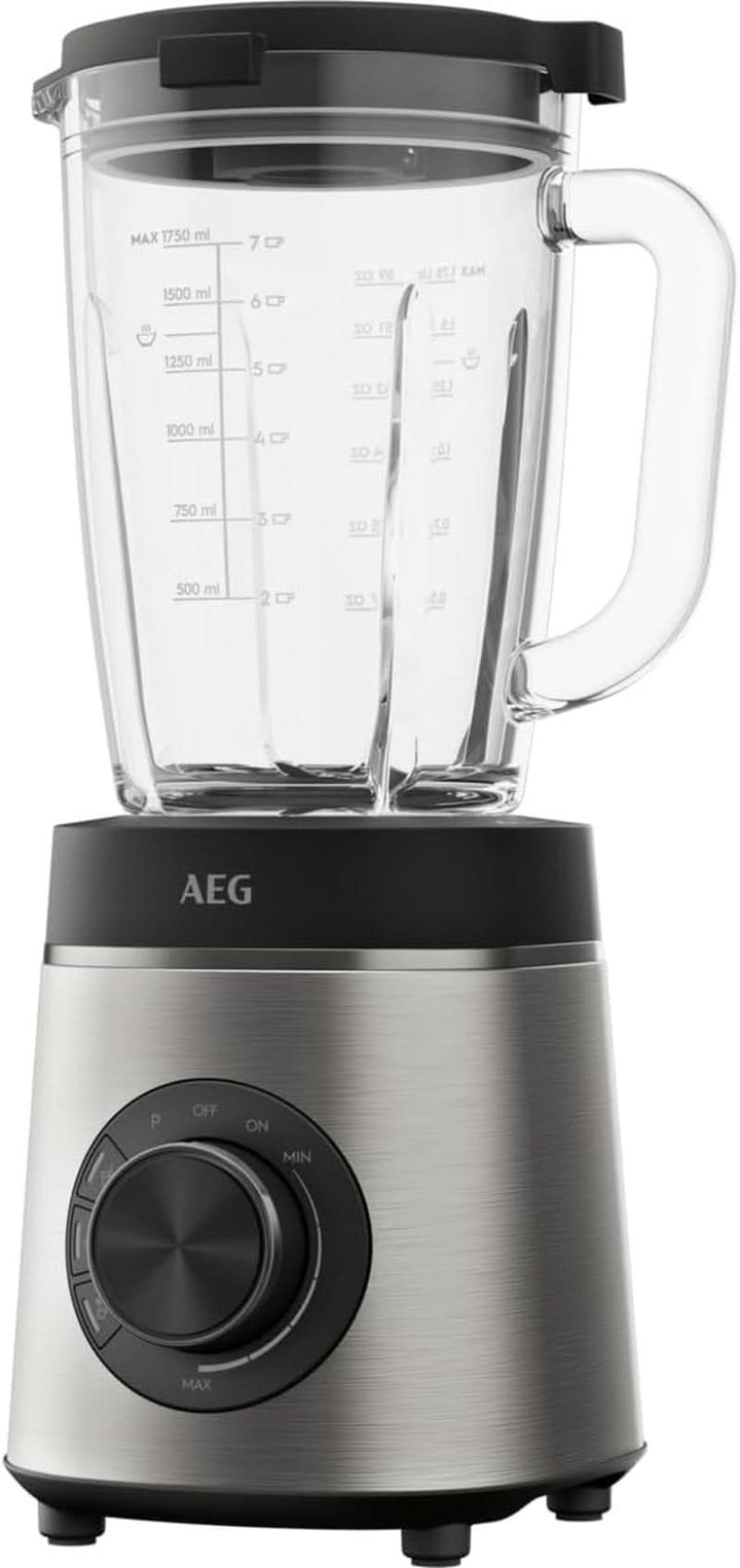 AEG TB6-1-6ST Standmixer / Geschwindigkeitsanpassung / 3 Programme / Smoothie / Crushed Ice / Pulsfunktion / Drehknopf + Tasten / 6-Klingen Edelstahlmesser / 1400W / 1,75L Glaskrug / Edelstahl / Grau