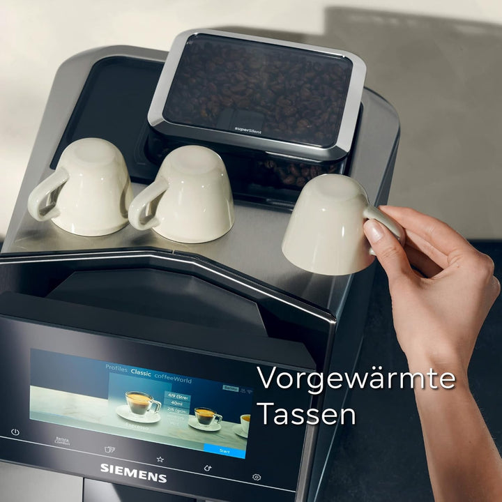 Siemens EQ900 TQ903D03 aparat de cafea complet automat, control prin aplicație, afișaj intuitiv full-touch, mod barista, stimulare aromă, reducere zgomot, râșniță premium, curățare automată cu abur, 1500 W, oțel inoxidabil