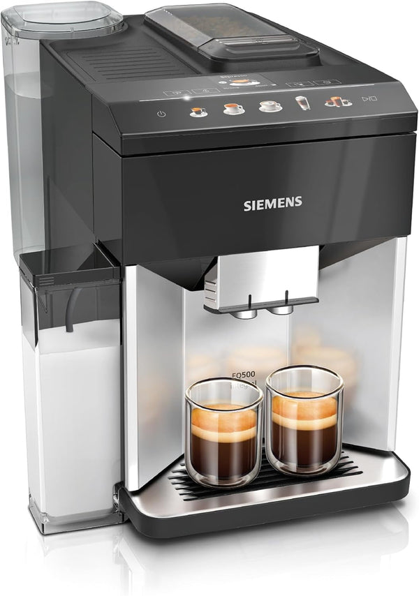 Aparat de cafea complet automat Siemens EQ500 Integral TQ513D01, Multe specialități de cafea, Spumă de lapte, Recipient de lapte integrat, Curățare automată cu abur, 1500 W, Argintiu / negru lăcuit pian