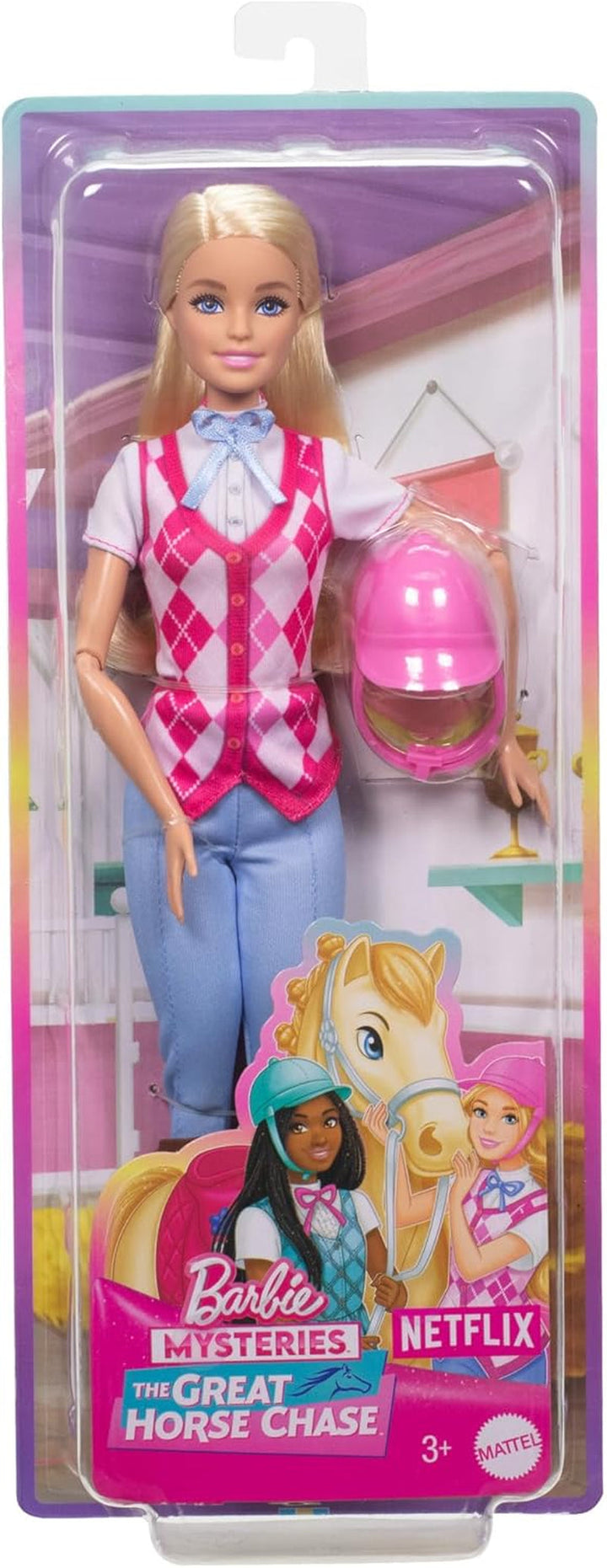 Păpușă Barbie Malibu "și accesorii de la Barbie Mysteries: Misterioasa aventură a calului", inclusiv păpușă de modă, costum de călărie detașabil și cască, HXJ38
