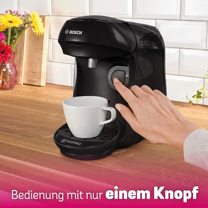 Espressor cu capsule Bosch Tassimo Happy Friendly TAS102E, Peste 70 de băuturi, Potrivit pentru toate tipurile de căni, Oprire automată, Sustenabil, Dozare perfectă, Economie de spațiu, 1400 W, Negru