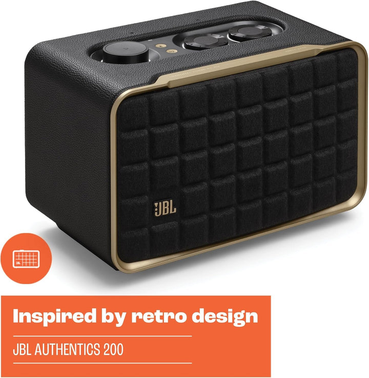 JBL Authentics 200 Smart Home Speaker - Difuzor Bluetooth cu design retro din anii '70 - Cu grilă Quadrex, Google Assistant, Alexa, Airplay și JBL One App - Negru