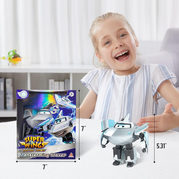 Super Wings Transformation Plane Supercharged Traver, Aprox. 12.7 Cm Figură mare de joacă pentru copii, avion de jucărie și figură de robot pentru băieți și fete de peste 3 ani, argintiu