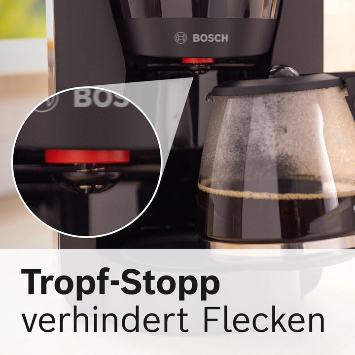 Espressor cu filtru Bosch Mymoment TKA2M113, carafă din sticlă de 1,25 l, capacitate 10-15 cești, funcție de menținere la cald timp de 40 de minute, sistem anti-picurare, suport pentru filtru rotativ, rezervor de apă detașabil, 1200 wați, negru mat