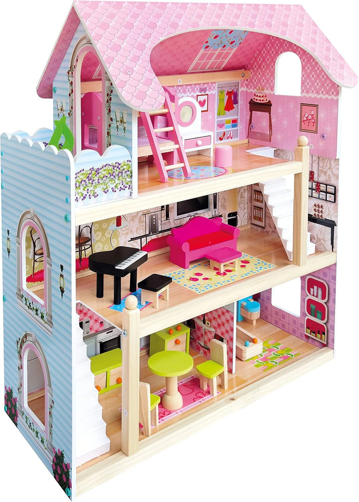 Bino World of Toys Casă de păpuși cu balcon, Jucărie pentru copii mici de la 3 ani, cu 3 etaje, scări, 4 camere și balcon incl. 15-TLG. Accesorii, Pentru a promova abilitățile copiilor, Design roz