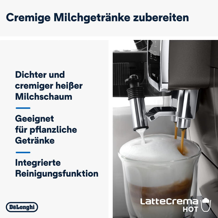 De'Longhi Dinamica plus ECAM 372.95.TB aparat de cafea complet automat cu sistem de lapte Lattecrema, cappuccino și espresso la apăsarea unui buton, ecran tactil color, control prin aplicație, funcție cafetieră, titan/negru