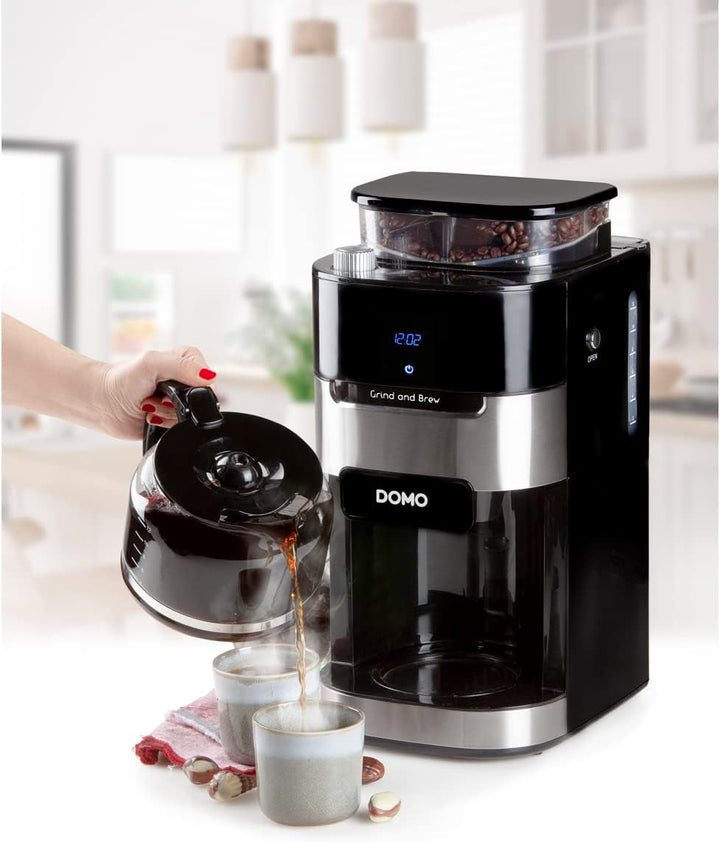DOMO DO721K Cafetieră "Grind and Brew" cu râșniță și cronometru - 1,5 L, negru, oțel inoxidabil