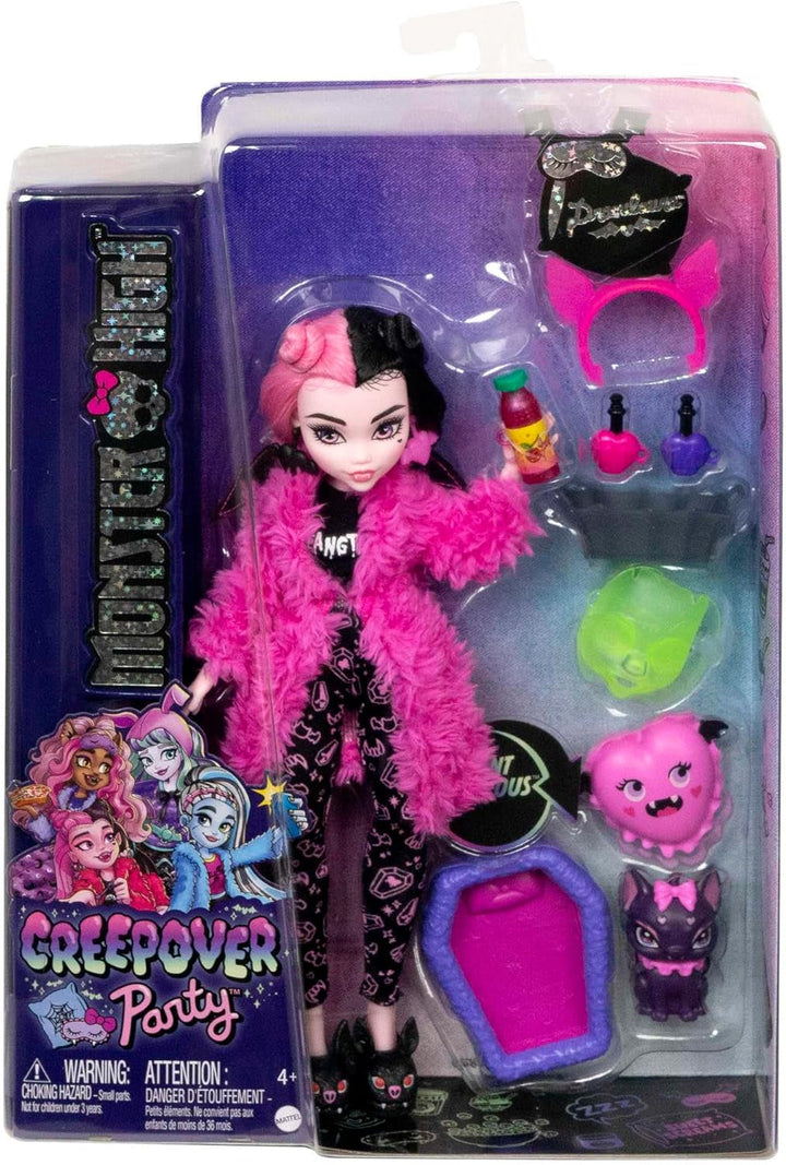 Păpușă MONSTER HIGH și accesorii pentru petrecerea în pijamale, animalul de companie al păpușii Draculaura Bat Count Fabulous, Creepover Party, HPY66