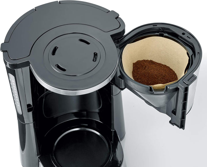 SEVERIN Cafetiera "Typeswitch" cu ulcior de sticlă și cronometru, comutator de aromă pentru alegerea a 2 opțiuni de preparare, ceas digital cu funcție de cronometru, pentru până la 10 cești, 1.000 W, oțel inoxidabil negru periat, KA 4826