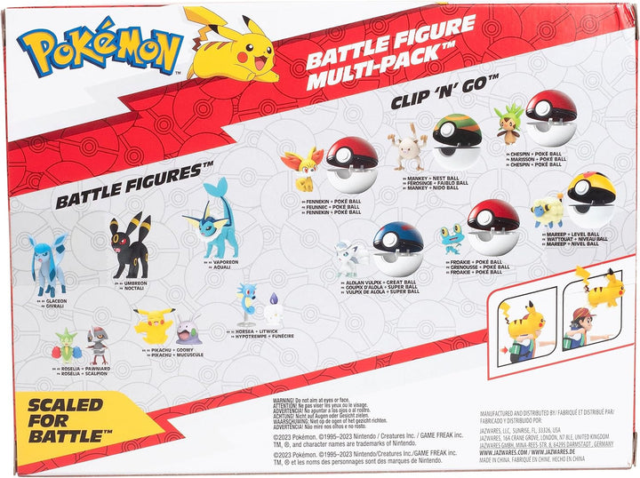 Pokémon Battle Ready! Set de figurine 6 piese - 11.4 Cm Ash & Launching Pikachu, 5.1 Cm Charmander, Rowlet, Piplup, Zorua - Licențiat oficial - Cadou de Paște pentru copii, băieți, fete