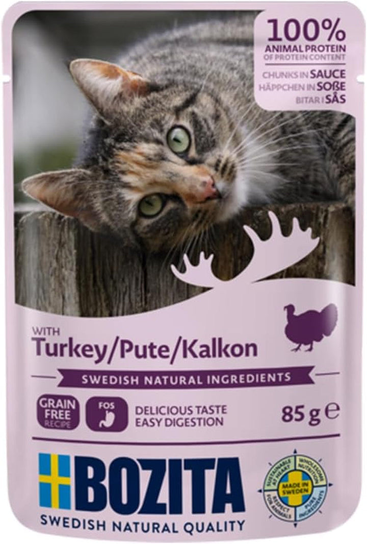 Bozita Pouch Mărunțișuri de hrană umedă în sos cu curcan - 12X85G Portion Pouch Hrană fără cereale și fără grâu pentru pisici - Hrană umedă pentru pisici adulte cu un conținut de 8,5% proteine și 4,5% grăsimi