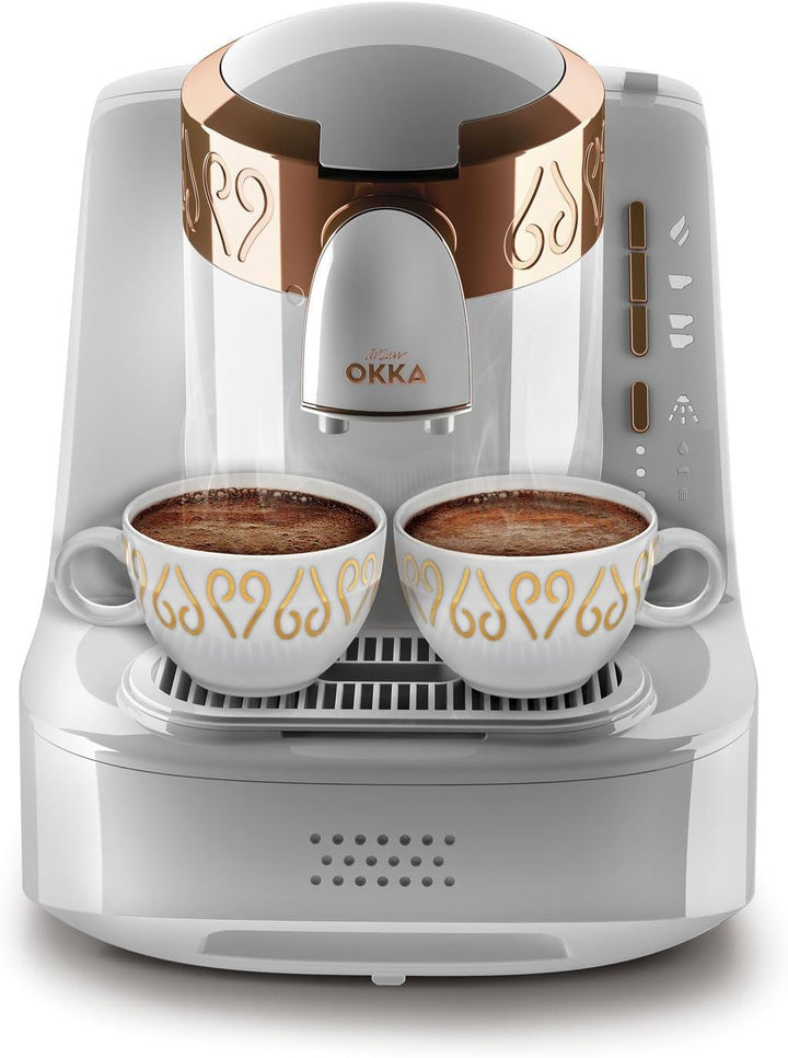 Cafetieră turcească Arzum Okka, Complet automată, 3 dimensiuni cești, Funcție de auto-curățare, Rezervor de apă 950 Ml, Senzor de supraprotecție, Design compact, Alb