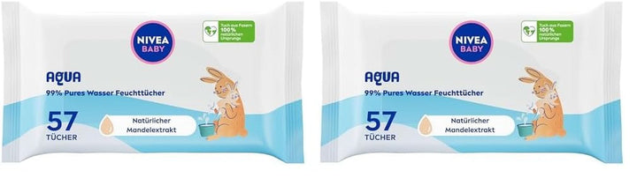 NIVEA Baby AQUA Feuchttücher, Baby Feuchttücher Zur Sanften Reinigung Empfindlicher Haut, Hypoallergene Und Parfümfreie Feuchttücher Für Babys Mit 99% Wasser (1 X 57 Stück)